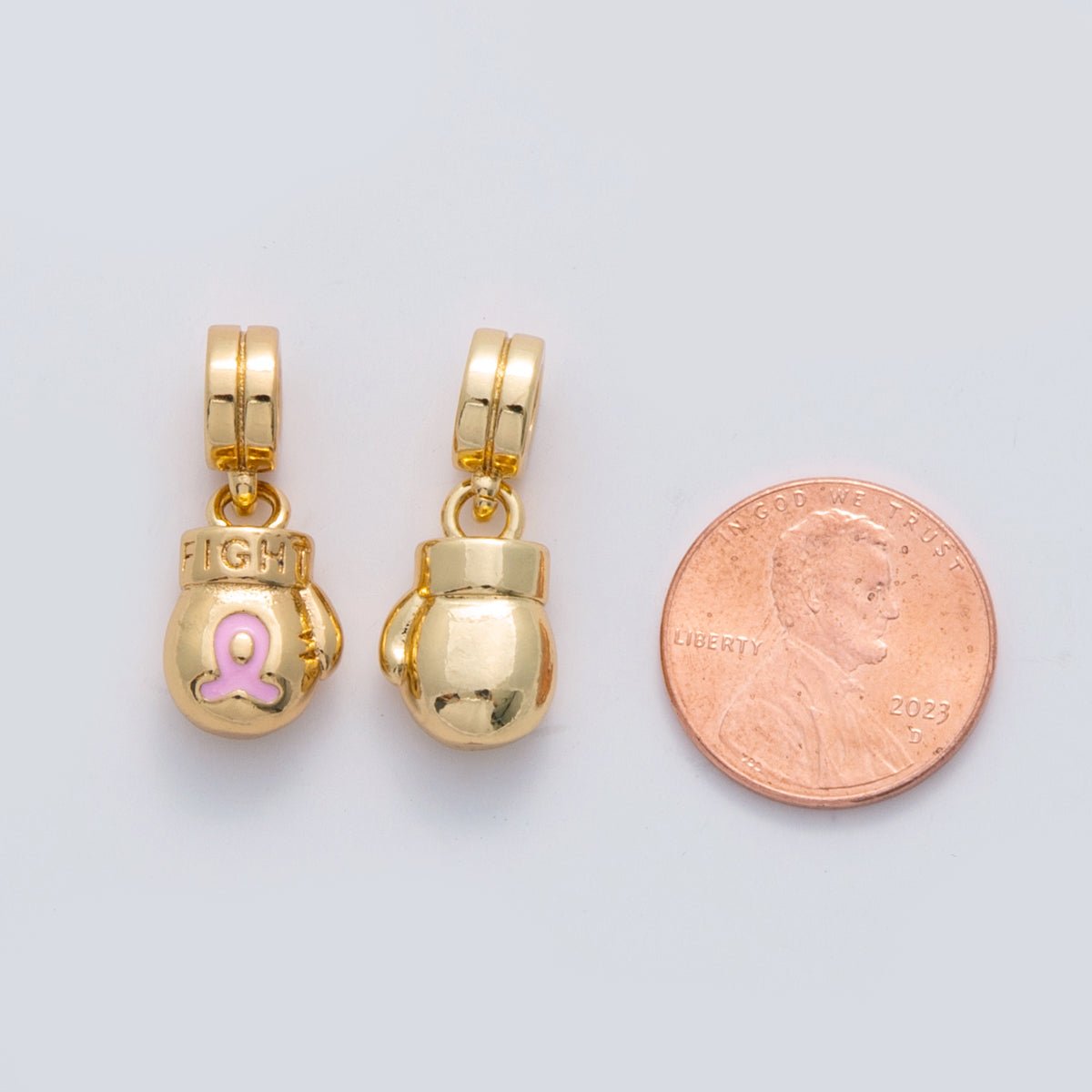 18K Gold Filled "FIGHT" Cancer Ribbon Boxing Glove Rhondelle Drop Pendant | C105 - DLUXCA