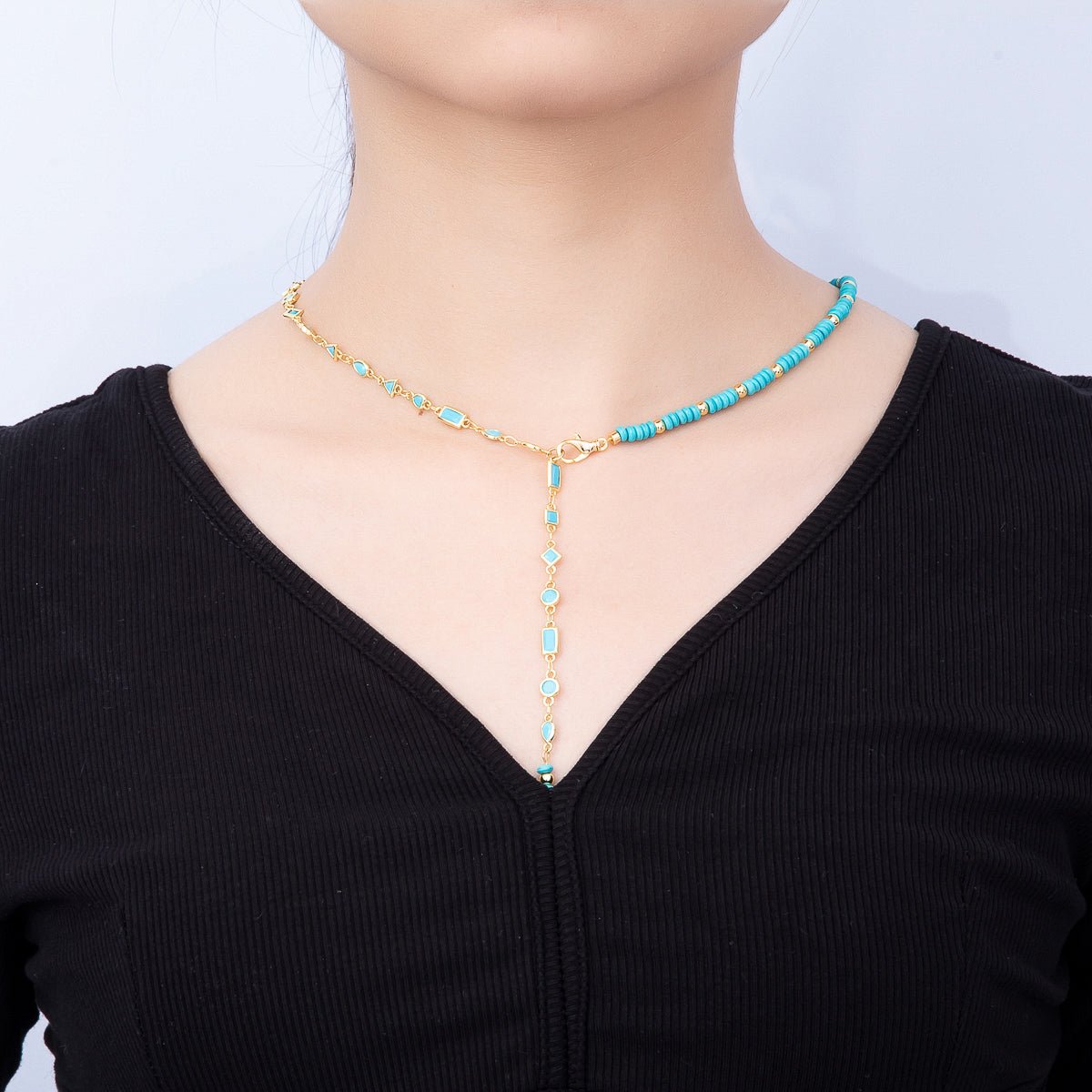 18K Gold Filled Floating Turquoise Multi Cut Rondelle Bezel Half Cable Gemstone Floating Necklace Chain 19 Inch Necklace | WA-01384 - DLUXCA