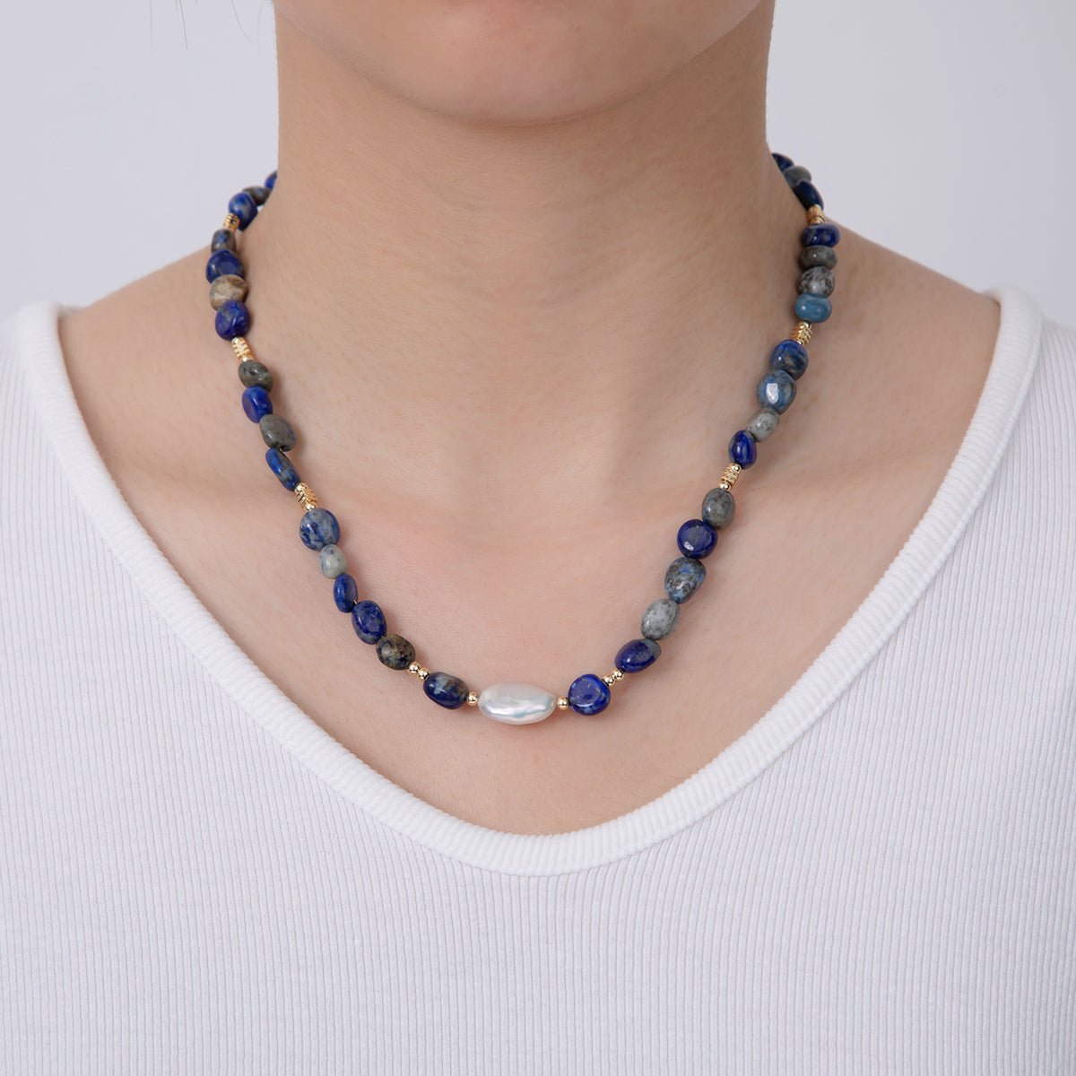 18K Gold Filled Freshwater Pearl Lapis Lazuli Gemstone 15.8 Inch Necklace | WA - 3177 - DLUXCA