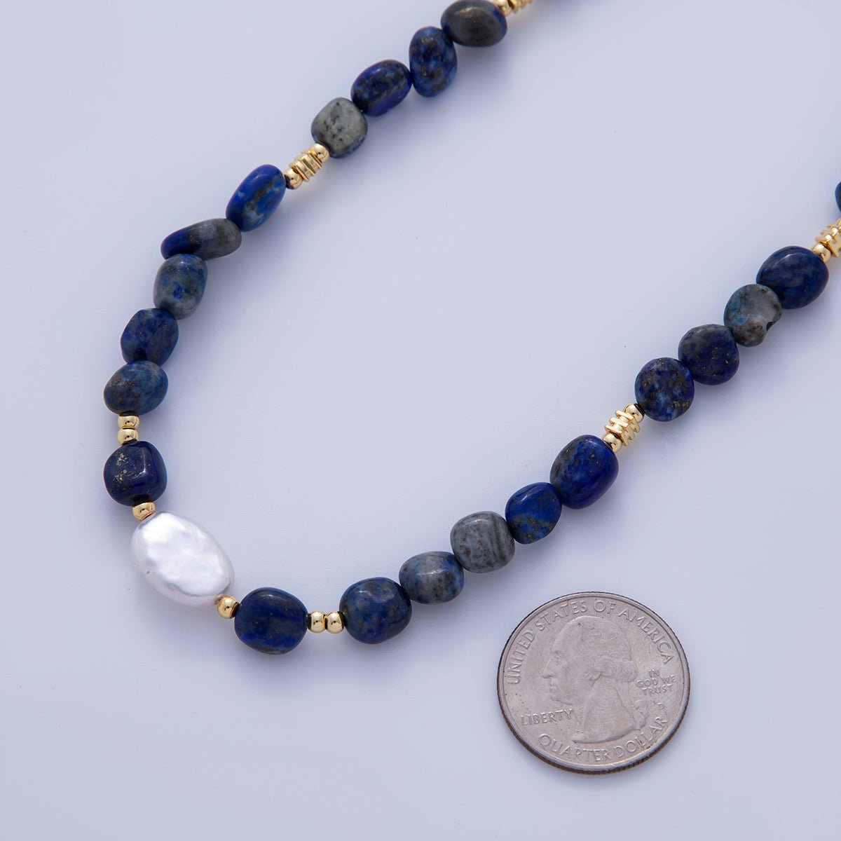 18K Gold Filled Freshwater Pearl Lapis Lazuli Gemstone 15.8 Inch Necklace | WA - 3177 - DLUXCA