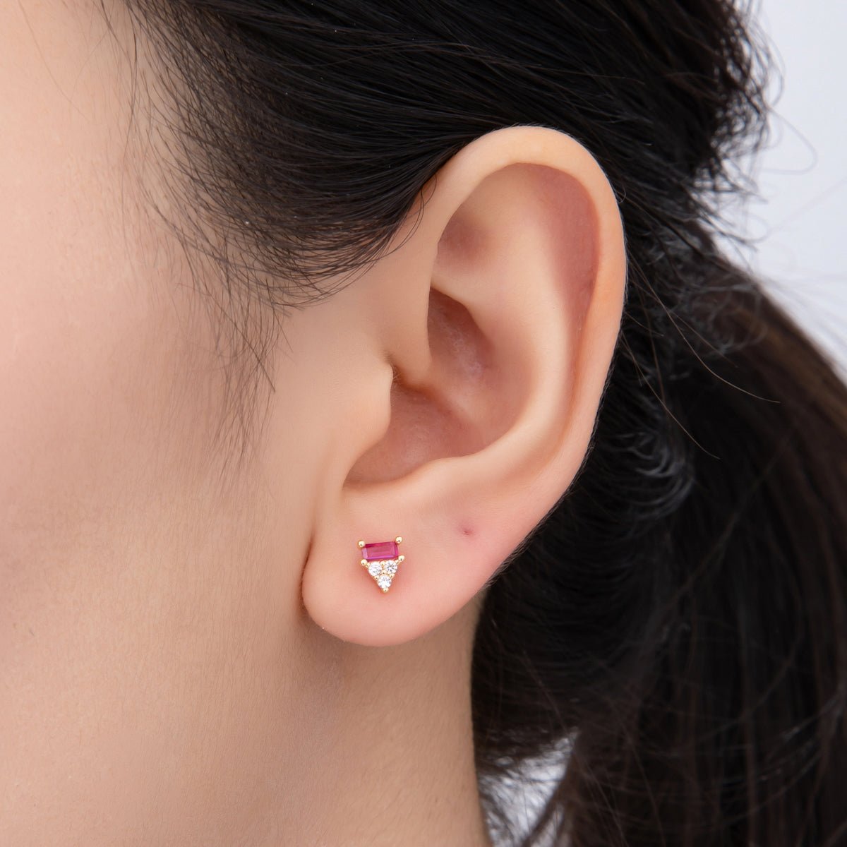 18K Gold Filled Fuchsia Baguette Clear CZ Cluster Triangle Dainty Stud Earrings | AJ216 - DLUXCA