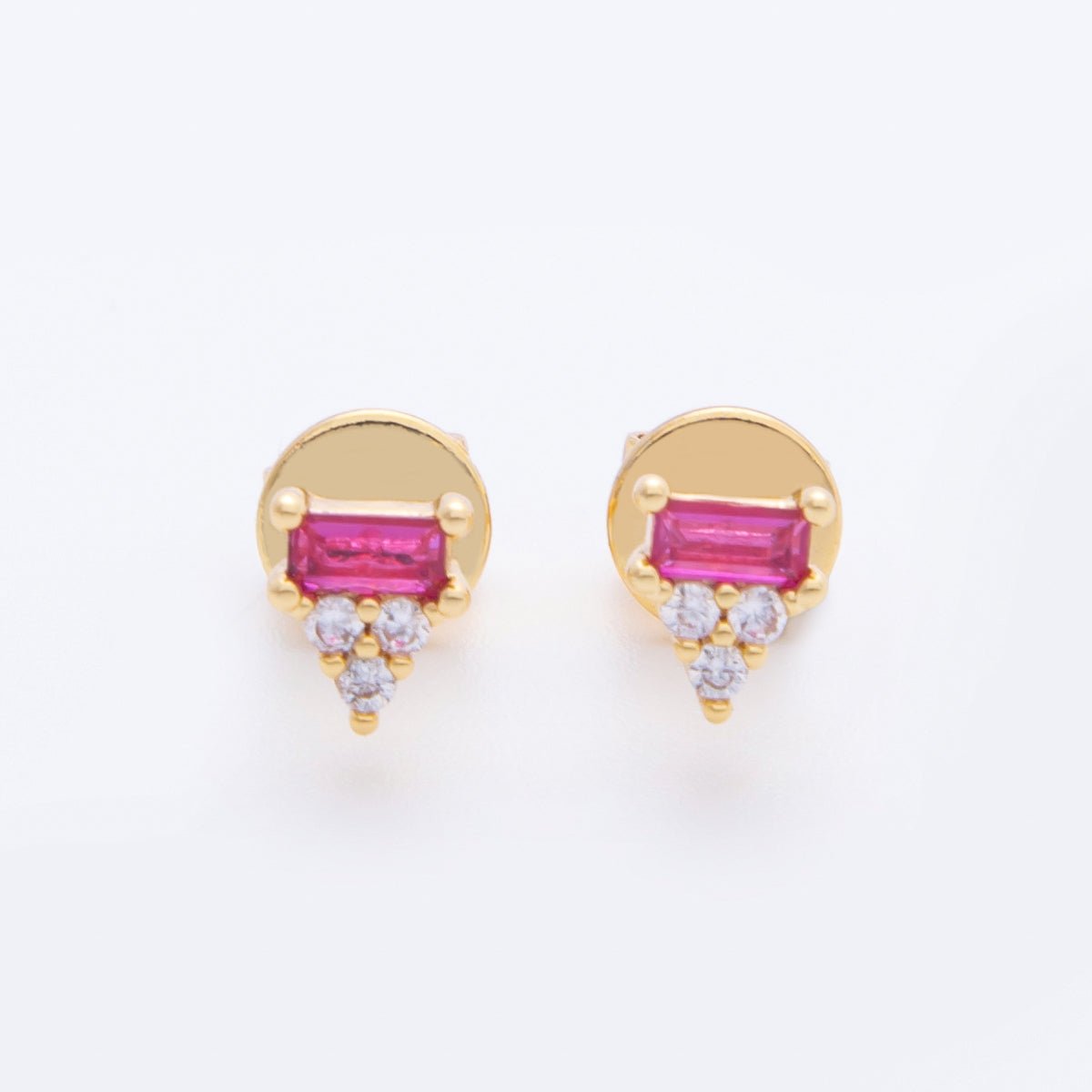 18K Gold Filled Fuchsia Baguette Clear CZ Cluster Triangle Dainty Stud Earrings | AJ216 - DLUXCA