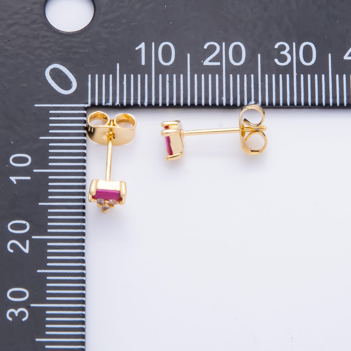 18K Gold Filled Fuchsia Baguette Clear CZ Cluster Triangle Dainty Stud Earrings | AJ216 - DLUXCA