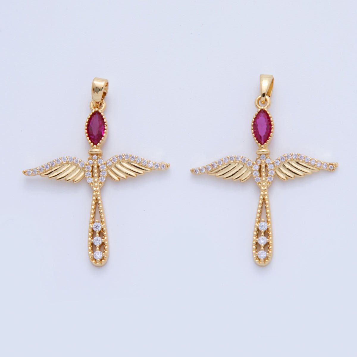 18K Gold Filled Fuchsia CZ Micro Paved Wings Cross Pendant | AF742 - DLUXCA