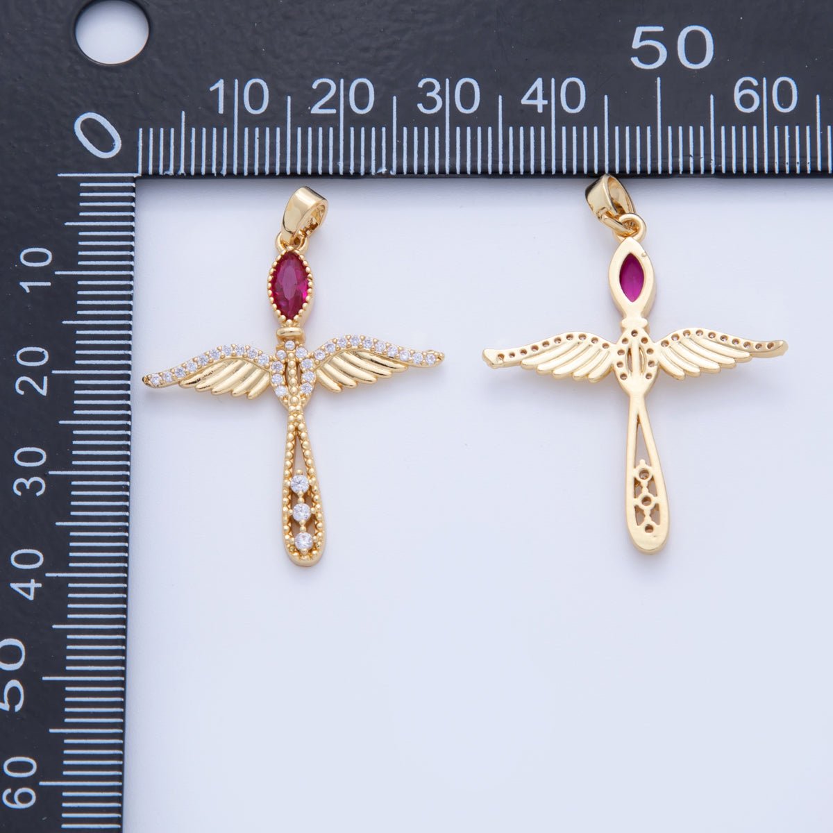18K Gold Filled Fuchsia CZ Micro Paved Wings Cross Pendant | AF742 - DLUXCA