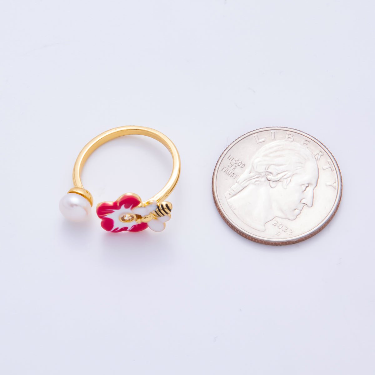 18K Gold Filled Fuchsia Enamel Blooming Flower & Bee with Shell Pearl Adjustable Ring | O - 034 - DLUXCA