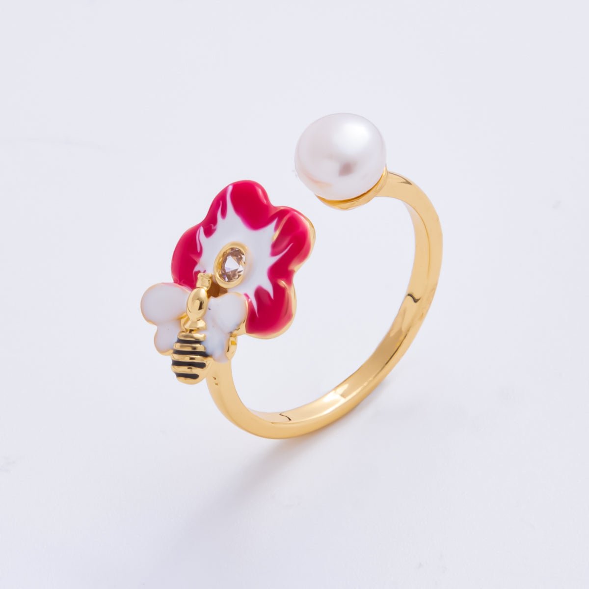 18K Gold Filled Fuchsia Enamel Blooming Flower & Bee with Shell Pearl Adjustable Ring | O - 034 - DLUXCA