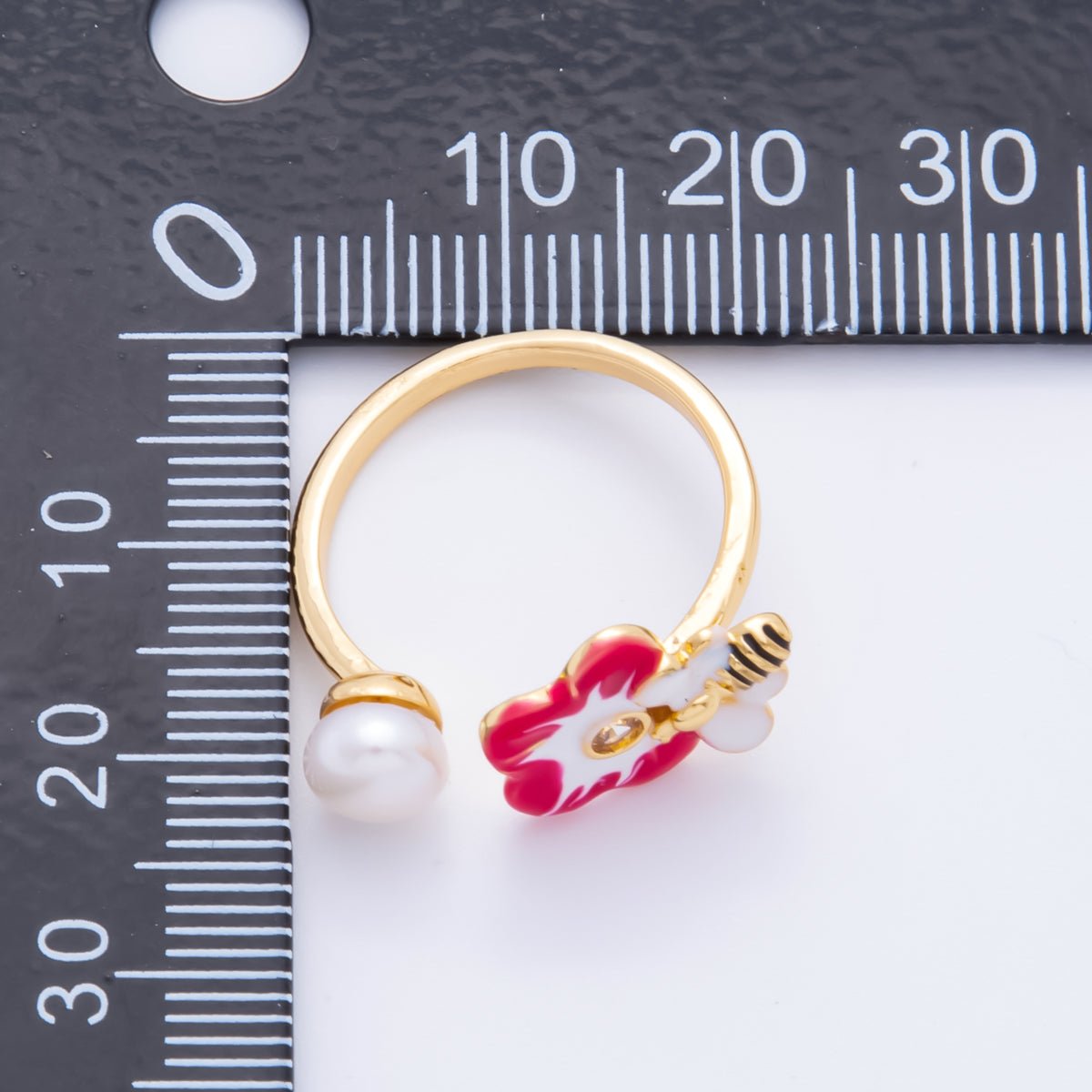 18K Gold Filled Fuchsia Enamel Blooming Flower & Bee with Shell Pearl Adjustable Ring | O - 034 - DLUXCA