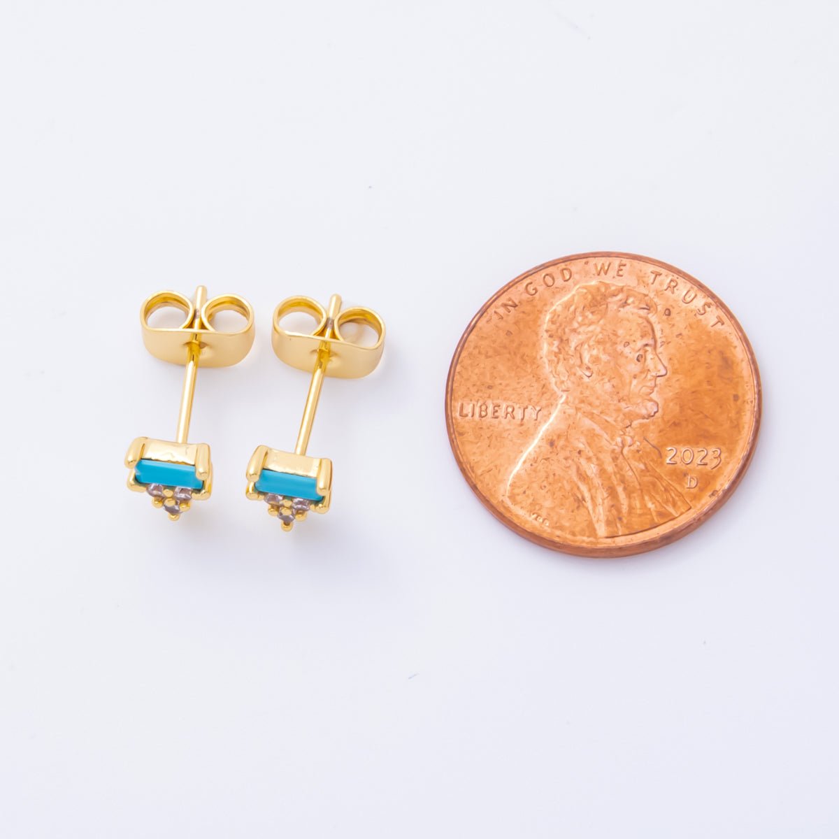 18K Gold Filled Green & Blue Baguette CZ Geometrical Stud Earrings | AJ214 AJ215 - DLUXCA