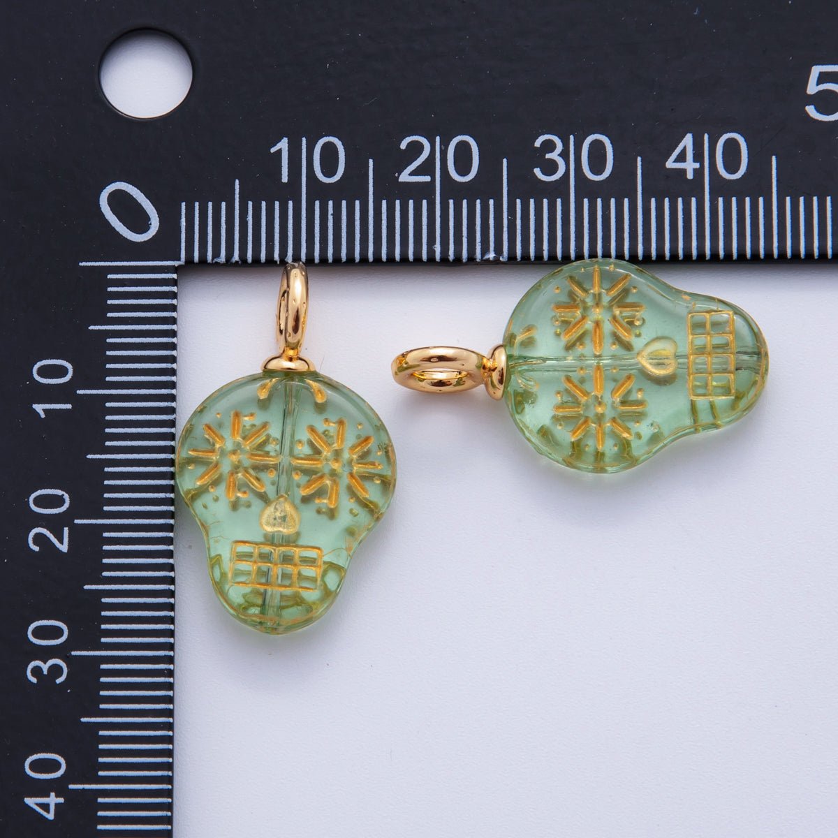 18K Gold Filled Green, Clear, Blue Gold - Lined Skull Dia de los Muertos Drop Charm | A723 AF724 - DLUXCA