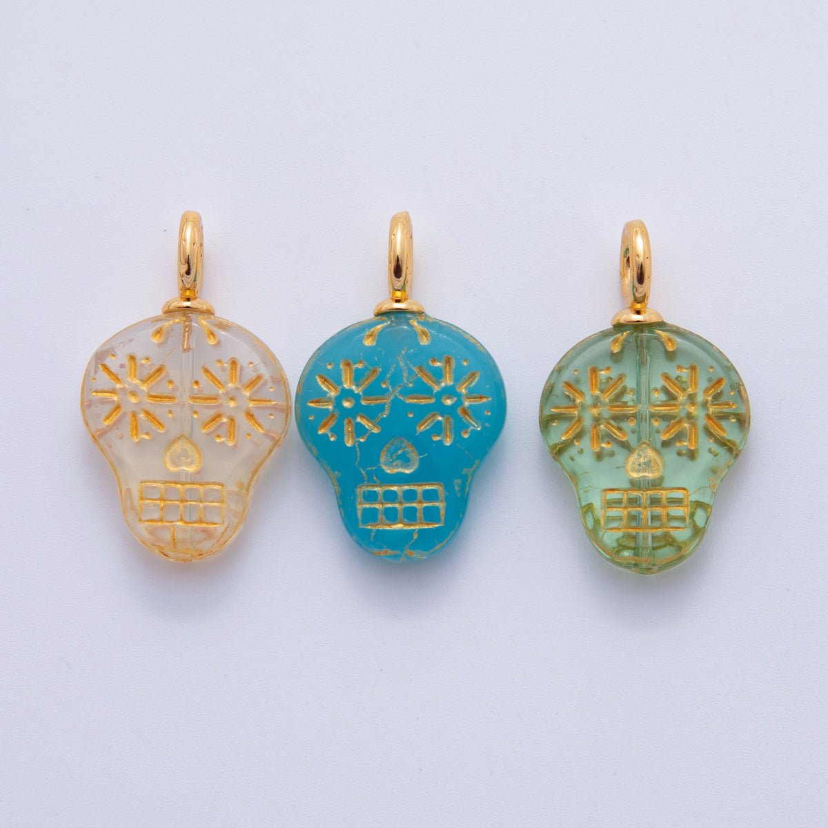 18K Gold Filled Green, Clear, Blue Gold - Lined Skull Dia de los Muertos Drop Charm | A723 AF724 - DLUXCA