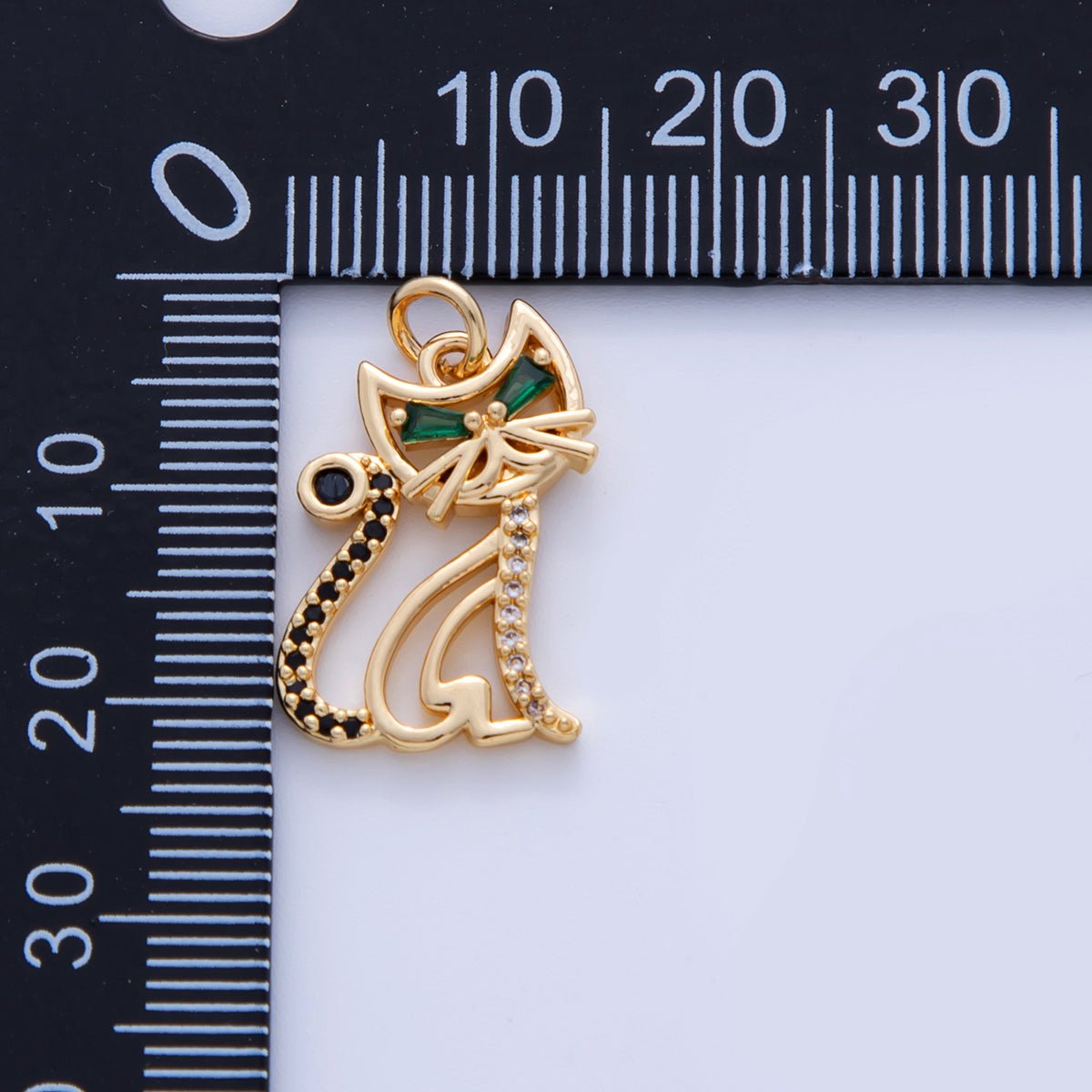 18K Gold Filled Green CZ Micro Paved Cat Kitten Pet Open Charm | AF313 - DLUXCA