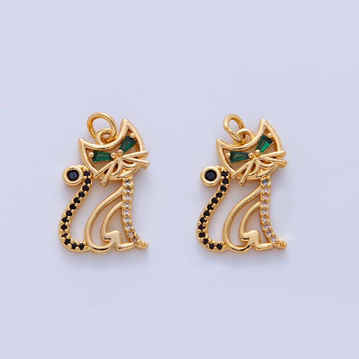 18K Gold Filled Green CZ Micro Paved Cat Kitten Pet Open Charm | AF313 - DLUXCA