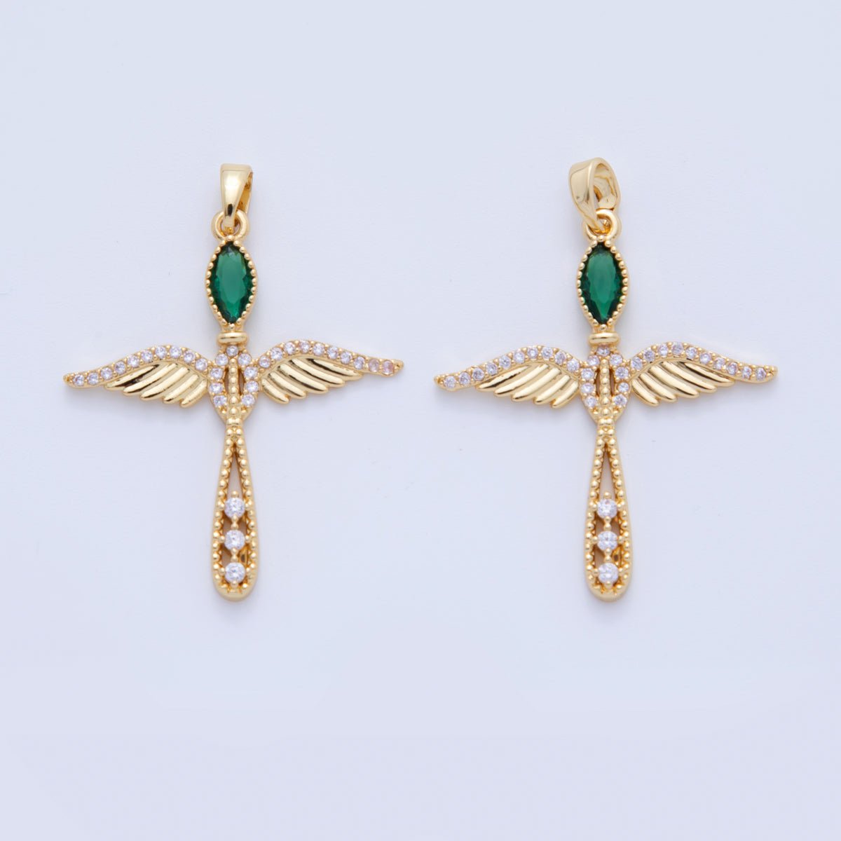 18K Gold Filled Green CZ Micro Paved Wings Cross Pendant | AF732 - DLUXCA