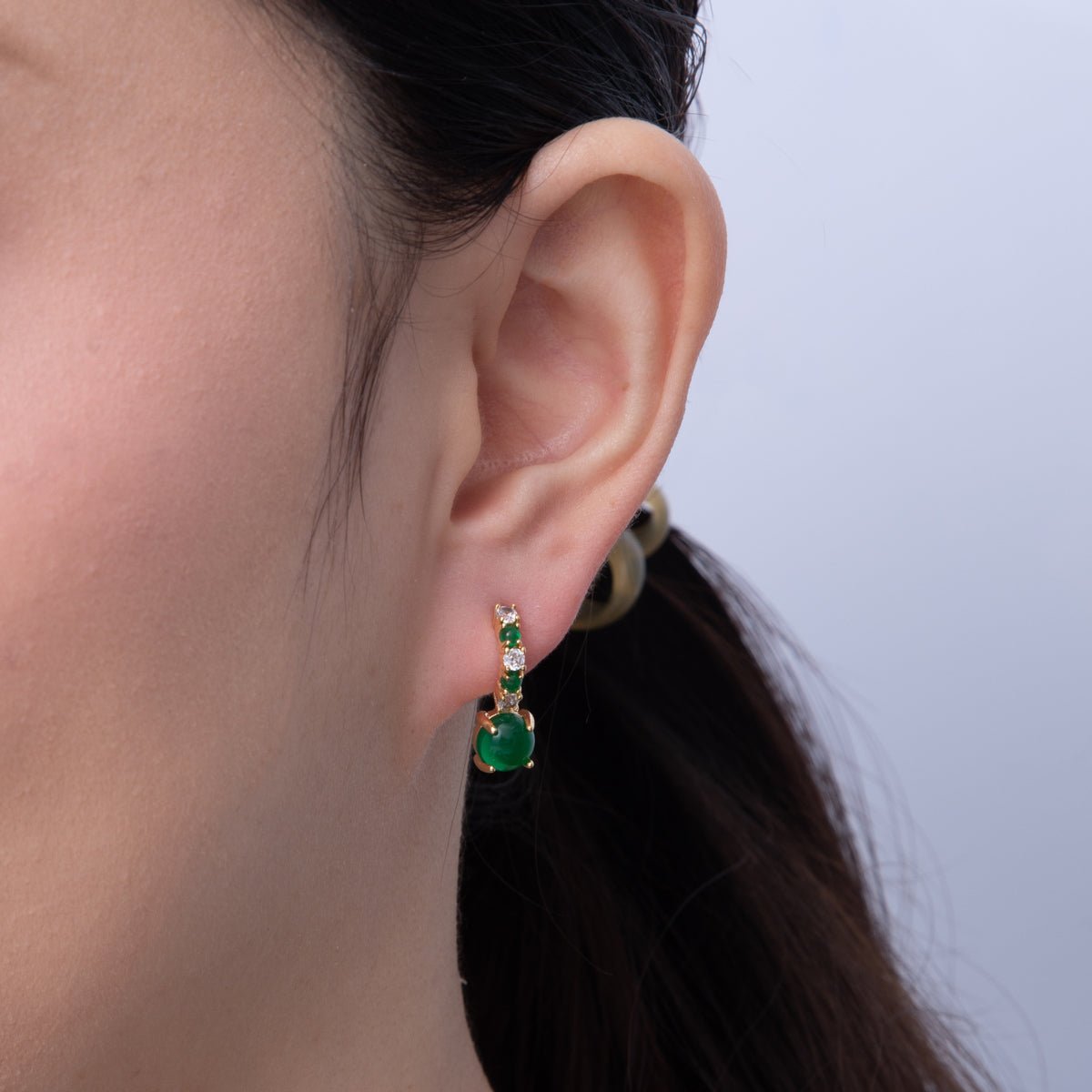 18K Gold Filled Green Gemstone CZ Drop C - Shaped Hoop Earrings | AD1613 - DLUXCA