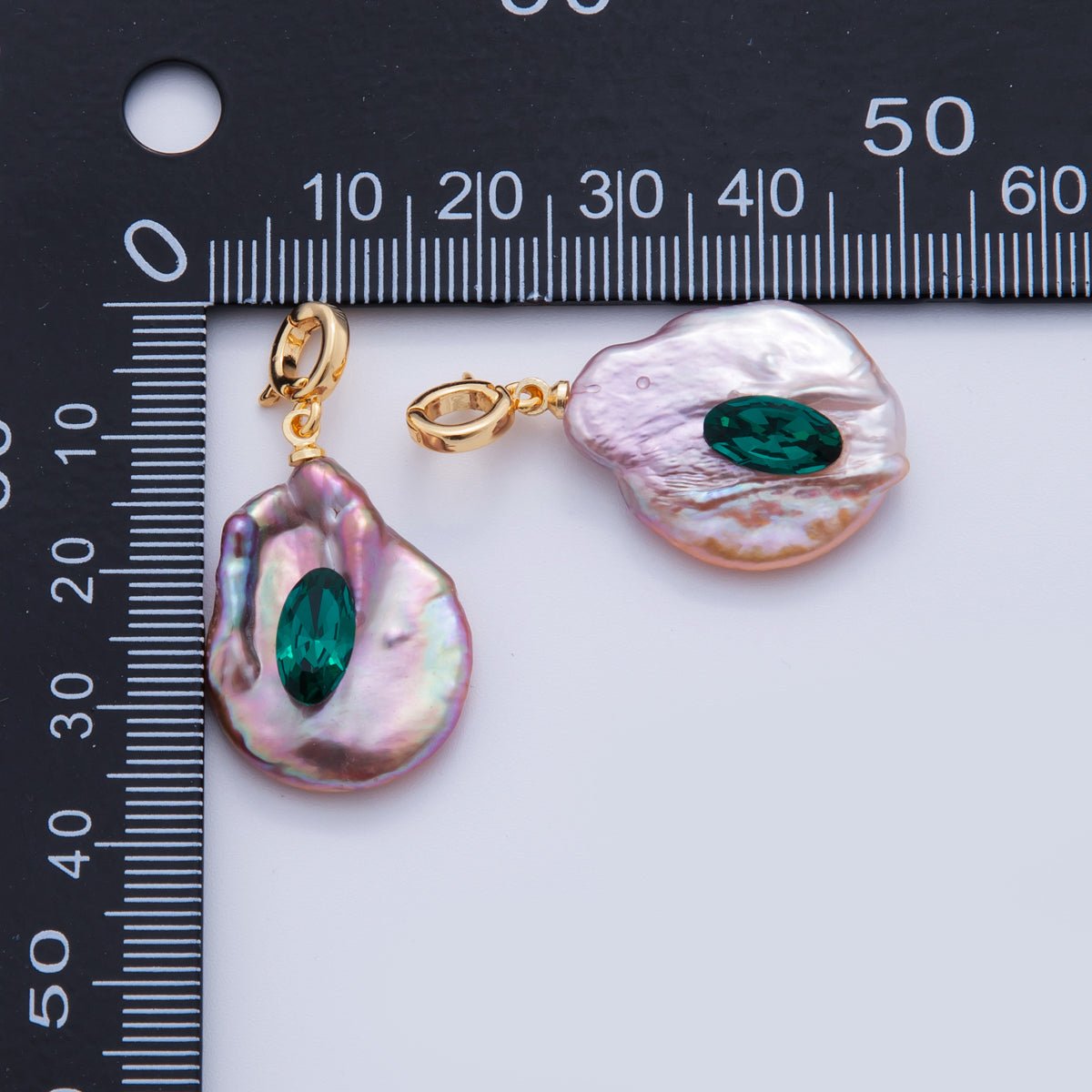 18K Gold Filled Green Oval CZ Pink Freshwater Pearl Snap Latch Rhondelle Drop Pendant | AH702 - DLUXCA