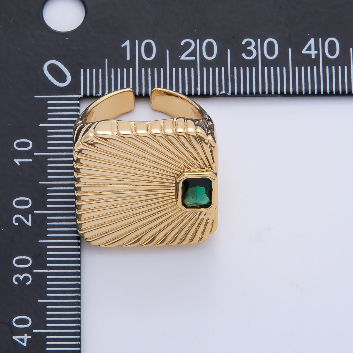 18K Gold Filled Green, Red, Clear Fuchsia Baguette CZ Sunburst Ribbed Signet Ring | O801 O802 - DLUXCA