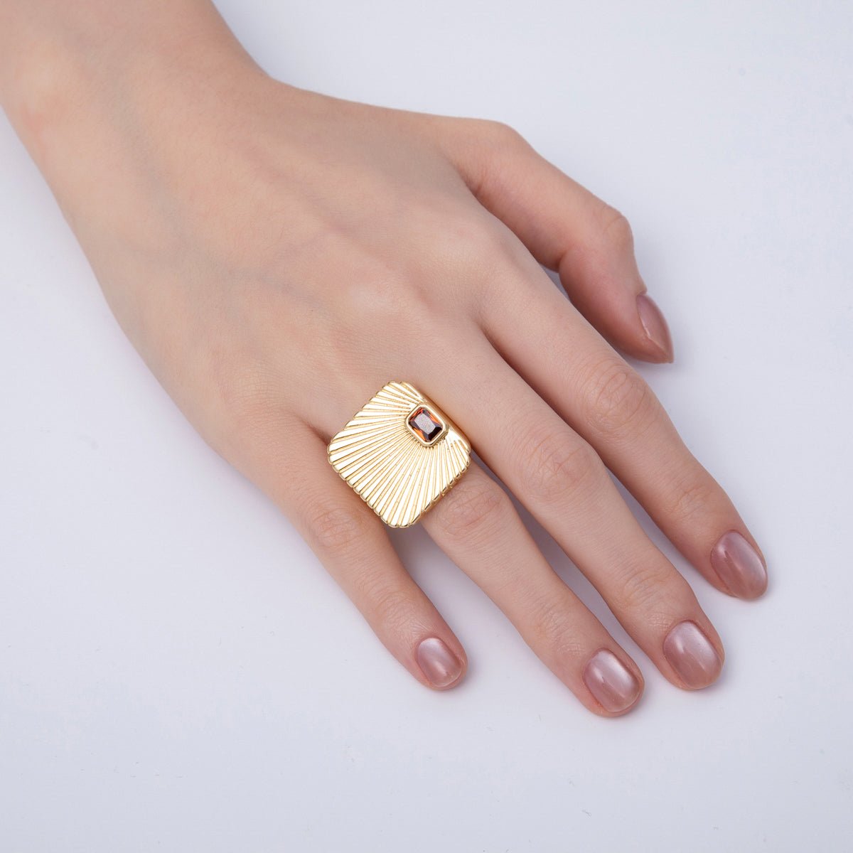 18K Gold Filled Green, Red, Clear Fuchsia Baguette CZ Sunburst Ribbed Signet Ring | O801 O802 - DLUXCA