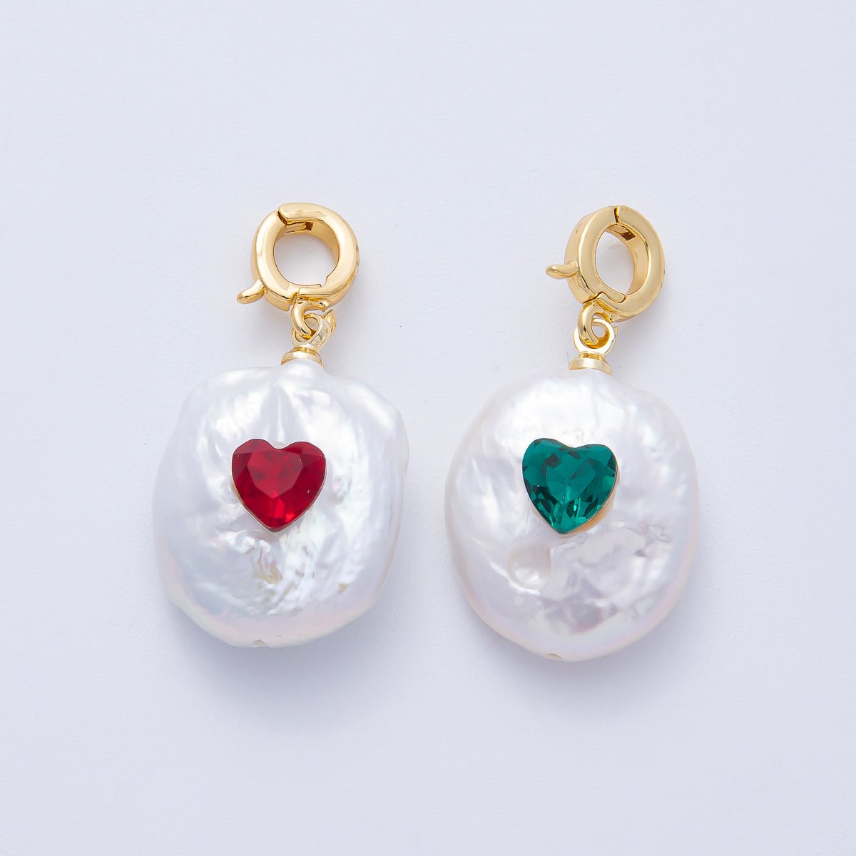 18K Gold Filled Green, Red Heart CZ Shell Pearl Snap Latch Pendant | AF640 - DLUXCA