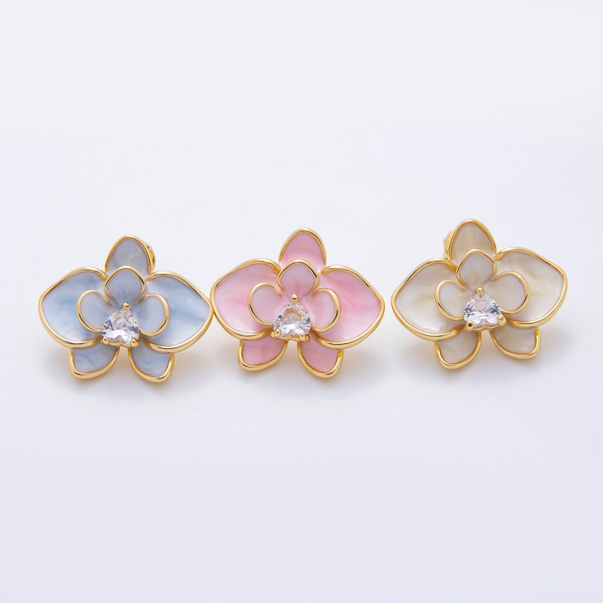 18K Gold Filled Heart - Shaped CZ Enamel Bloom Orchid Floral Studs Earrings in White, Blue, & Pink | AJ195 - AJ197 - DLUXCA