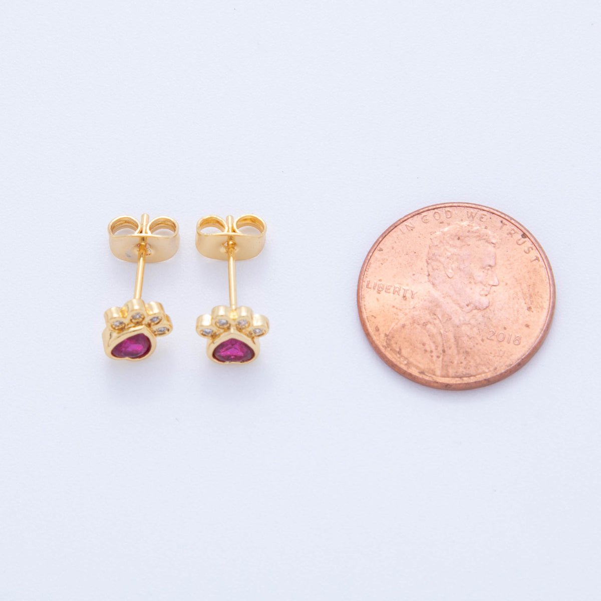 18K Gold Filled Hot Pink & Clear CZ Pet Paws Stud Earrings | AI396 - DLUXCA