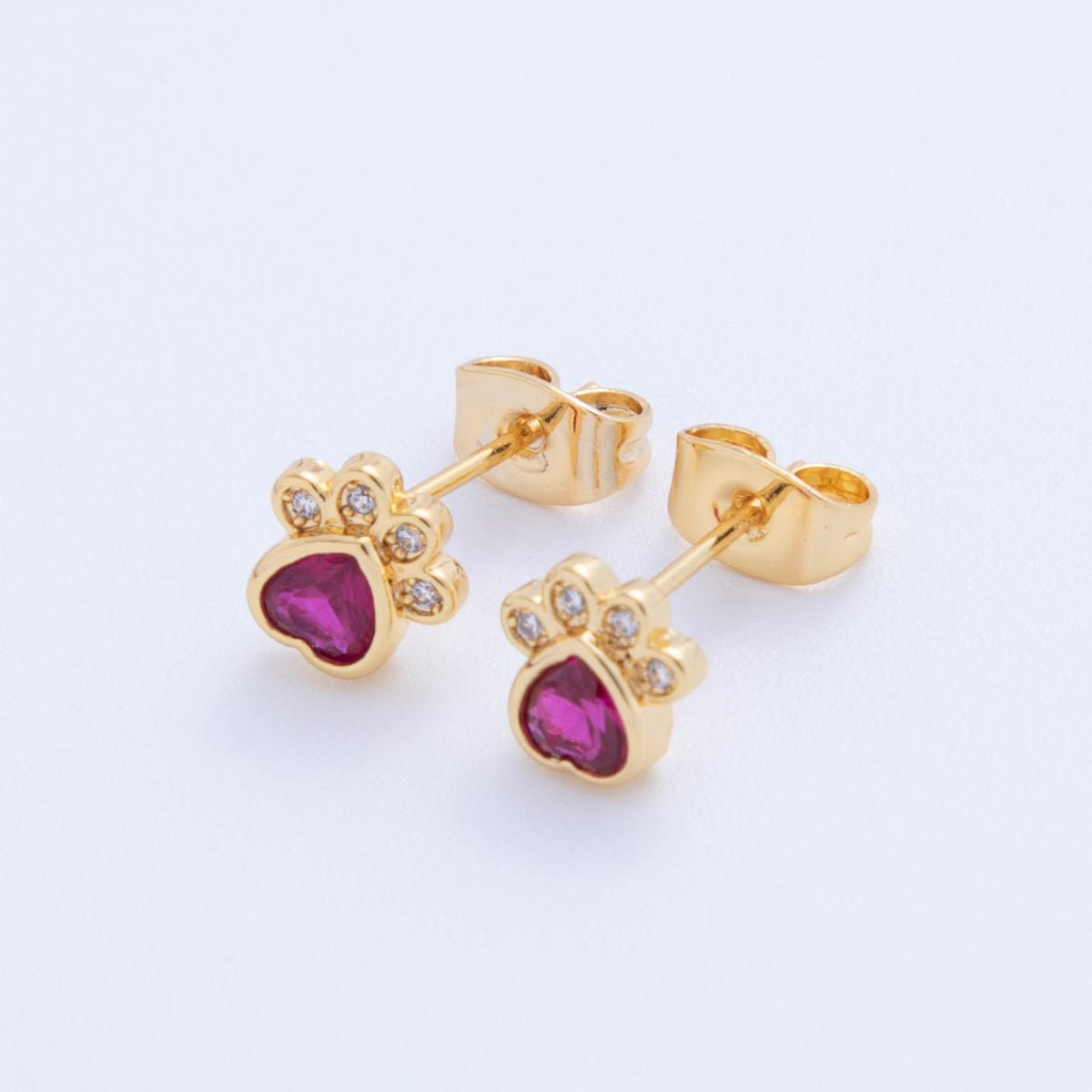 18K Gold Filled Hot Pink & Clear CZ Pet Paws Stud Earrings | AI396 - DLUXCA