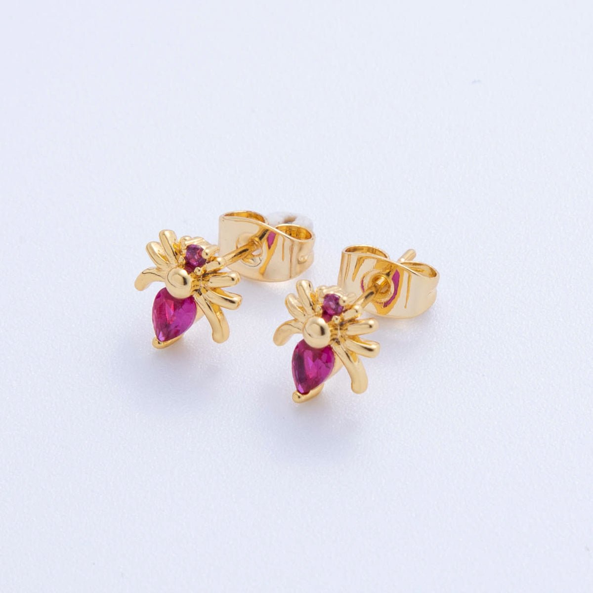18K Gold Filled Hot Pink CZ Onyx Spider Stud Earrings | AI395 - DLUXCA