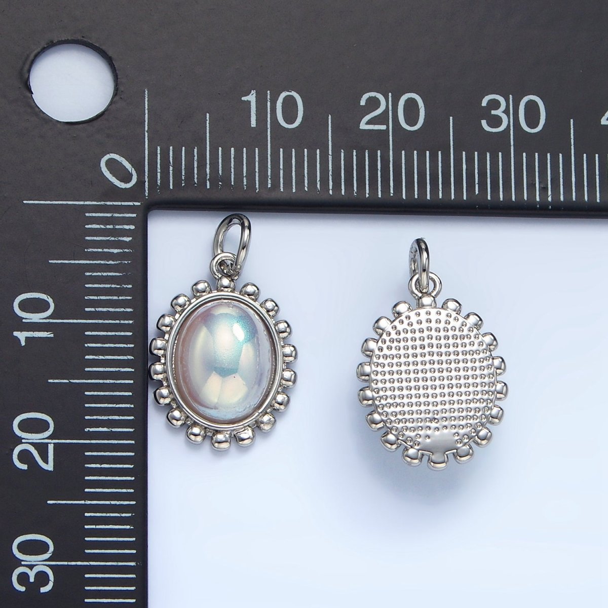 18K Gold Filled Iridescent Pearl Oval Dotted Outline Charm in Gold & Silver | AC1441 - DLUXCA