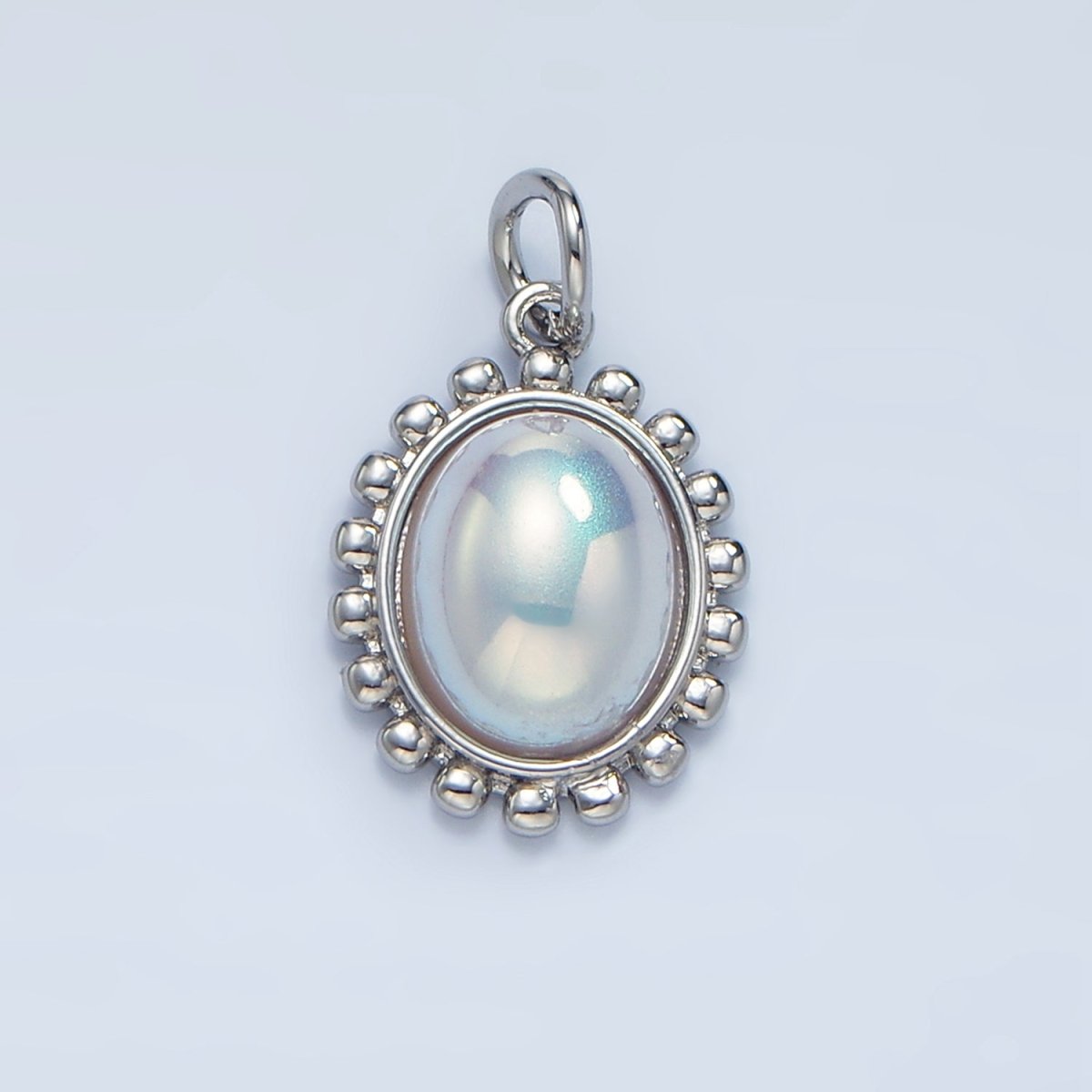 18K Gold Filled Iridescent Pearl Oval Dotted Outline Charm in Gold & Silver | AC1441 - DLUXCA