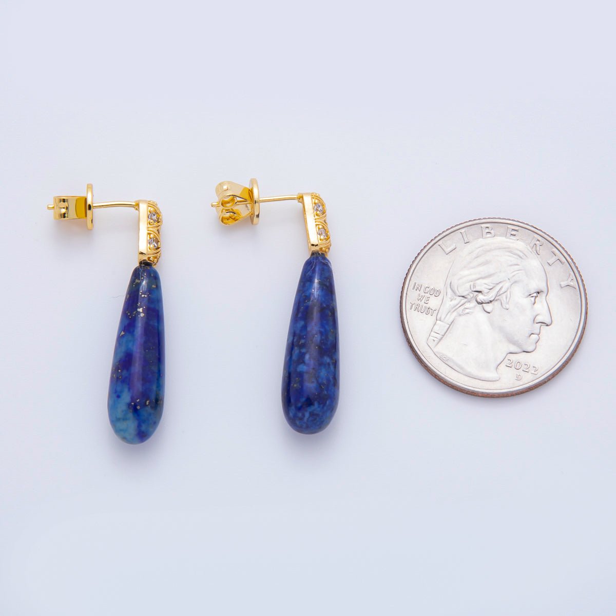 18K Gold Filled Lapis Lazuli Drop Micro Paved CZ Quilted Drop Stud Earrings | AJ231 - DLUXCA