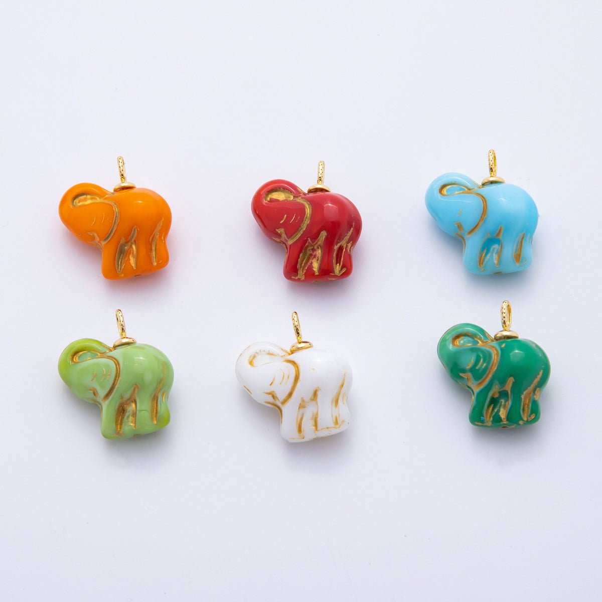 18K Gold Filled Light Green, White, Blue, Red, Dark Green, Orange Elephant Animal Czech Beads Charm Pendant | E777 - E849 - DLUXCA