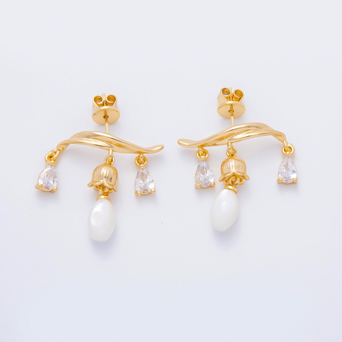 18K Gold Filled Lily Flower Teardrop CZ Shell Pearl Drop Stud Earrings | AJ191 - DLUXCA