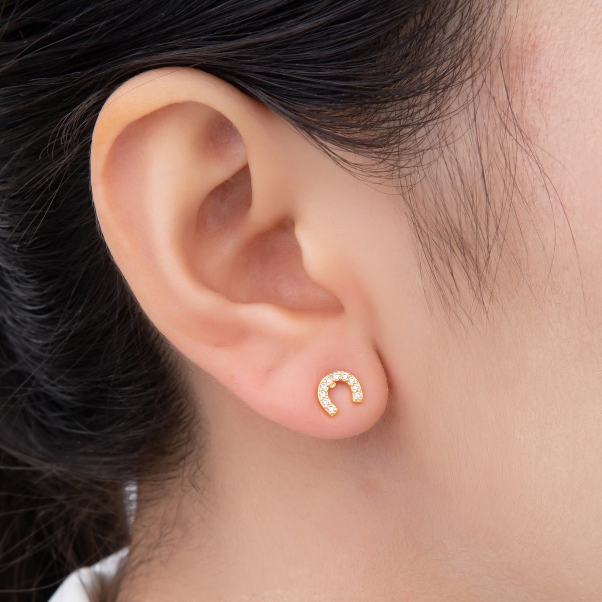 18K Gold Filled Lucky Horse Shoe Micro Paved Mini Studs Earrings | AJ178 - DLUXCA