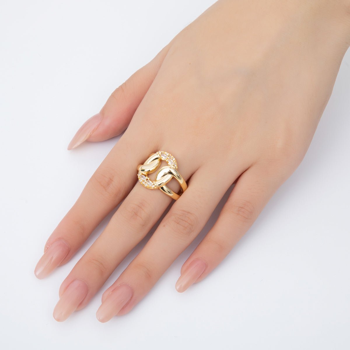 18K Gold Filled Micro Paved & Baguette CZ Eclipse Loop Knot Open Ring | O109 - DLUXCA