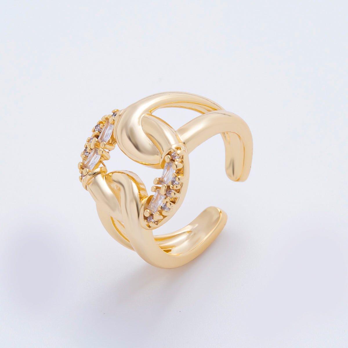 18K Gold Filled Micro Paved & Baguette CZ Eclipse Loop Knot Open Ring | O109 - DLUXCA