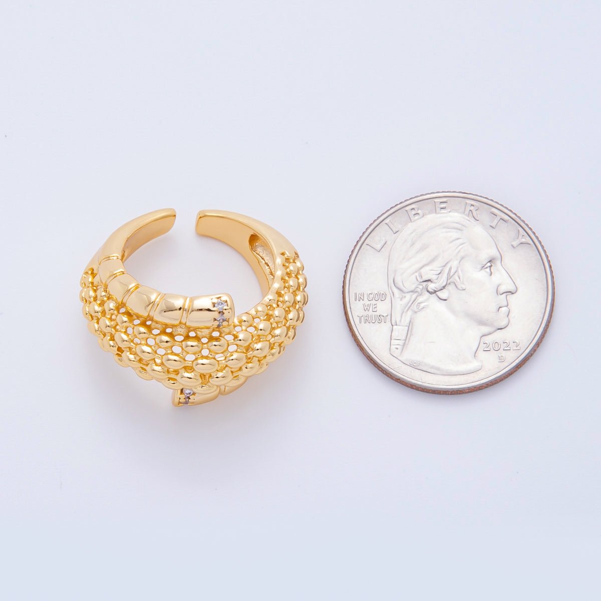 18K Gold Filled Micro Paved CZ Beaded Ribbed Triple Band Dome Ring | O450 - DLUXCA