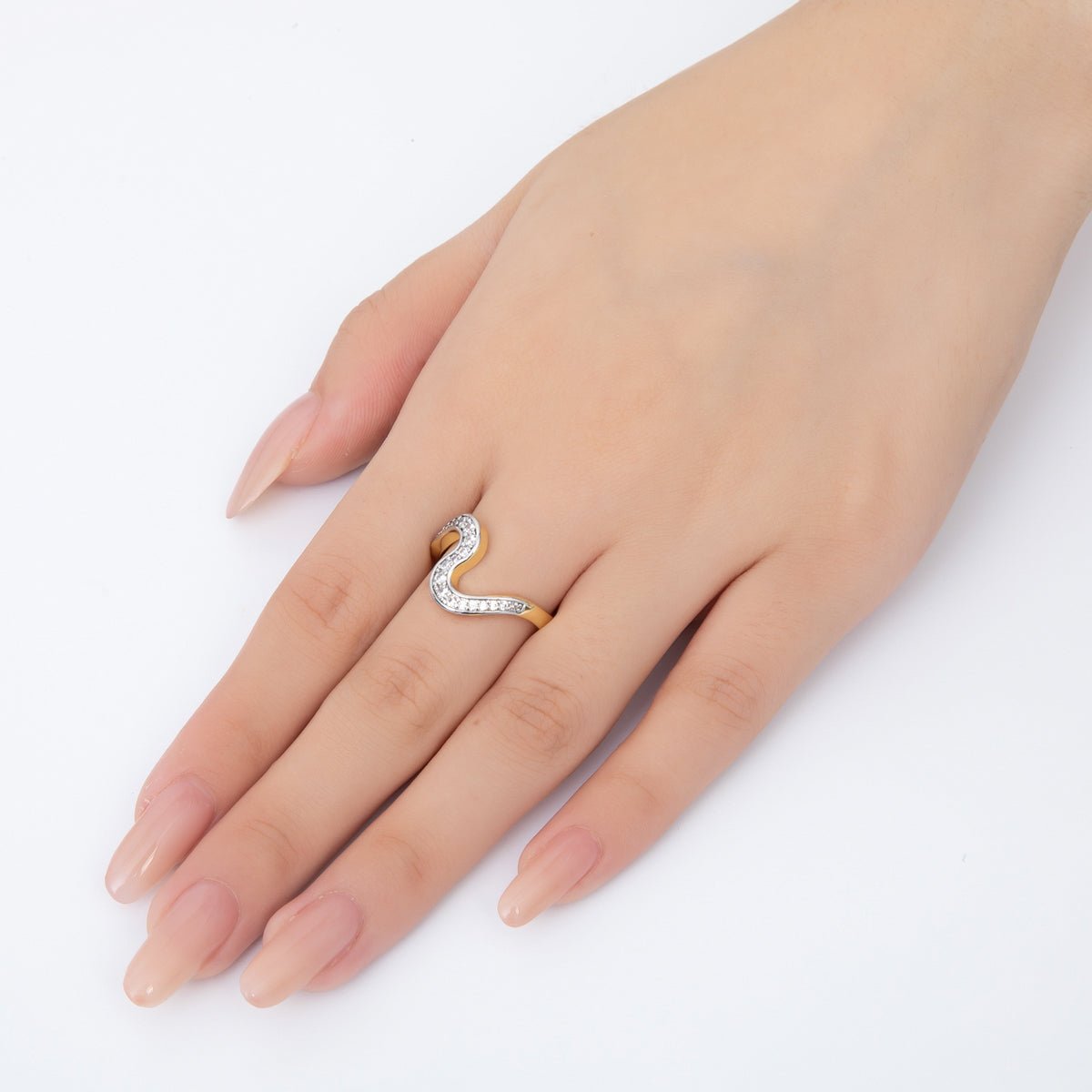 18K Gold Filled Micro Paved CZ Bended Wave Adjustable Ring in Gold & Two - Toned | O - A2169 - DLUXCA
