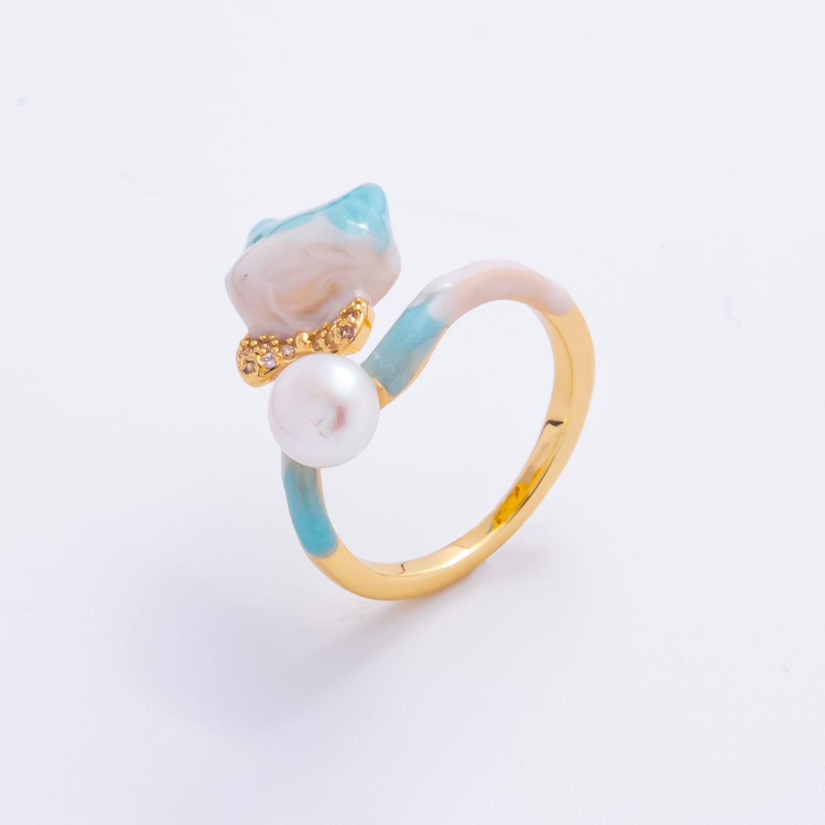 18K Gold Filled Micro Paved CZ Blue Enamel Art Cat - Shaped with Shell Pearl Adjustable Ring | O - 024 - DLUXCA