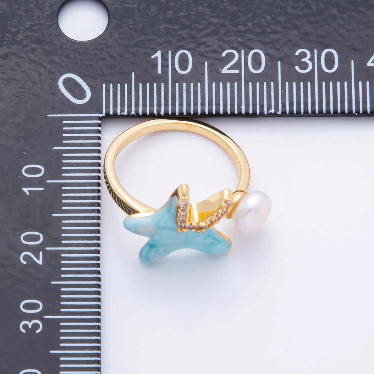 18K Gold Filled Micro Paved CZ Blue Enamel Art Sea Starfish with Shell Pearl Adjustable Ring | O - 014 - DLUXCA