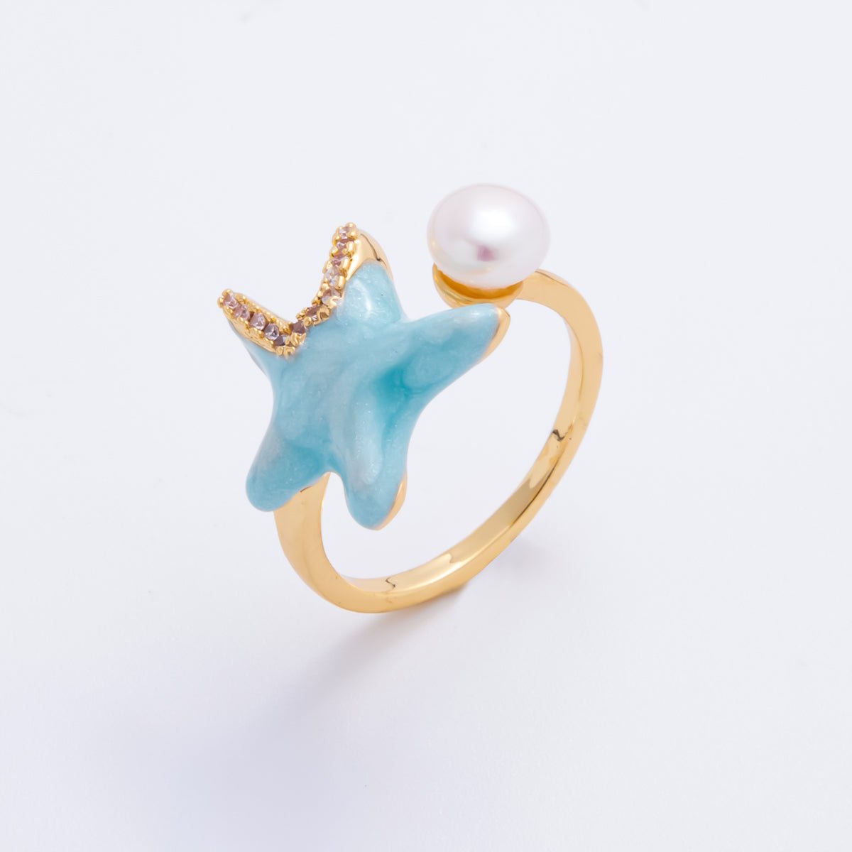 18K Gold Filled Micro Paved CZ Blue Enamel Art Sea Starfish with Shell Pearl Adjustable Ring | O - 014 - DLUXCA