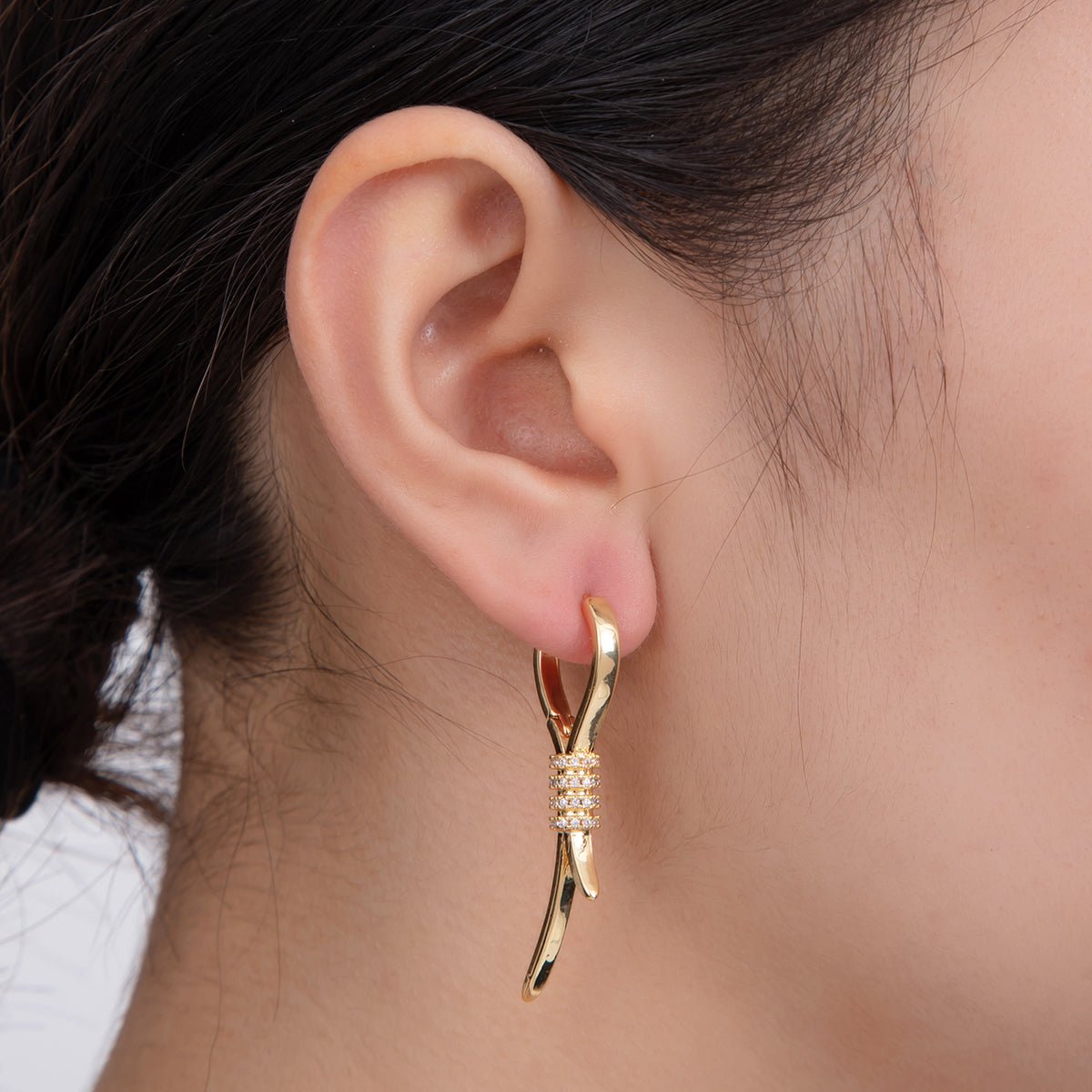 18K Gold Filled Micro Paved CZ Curved Linear Drop Huggie Earrings | AI360 - DLUXCA