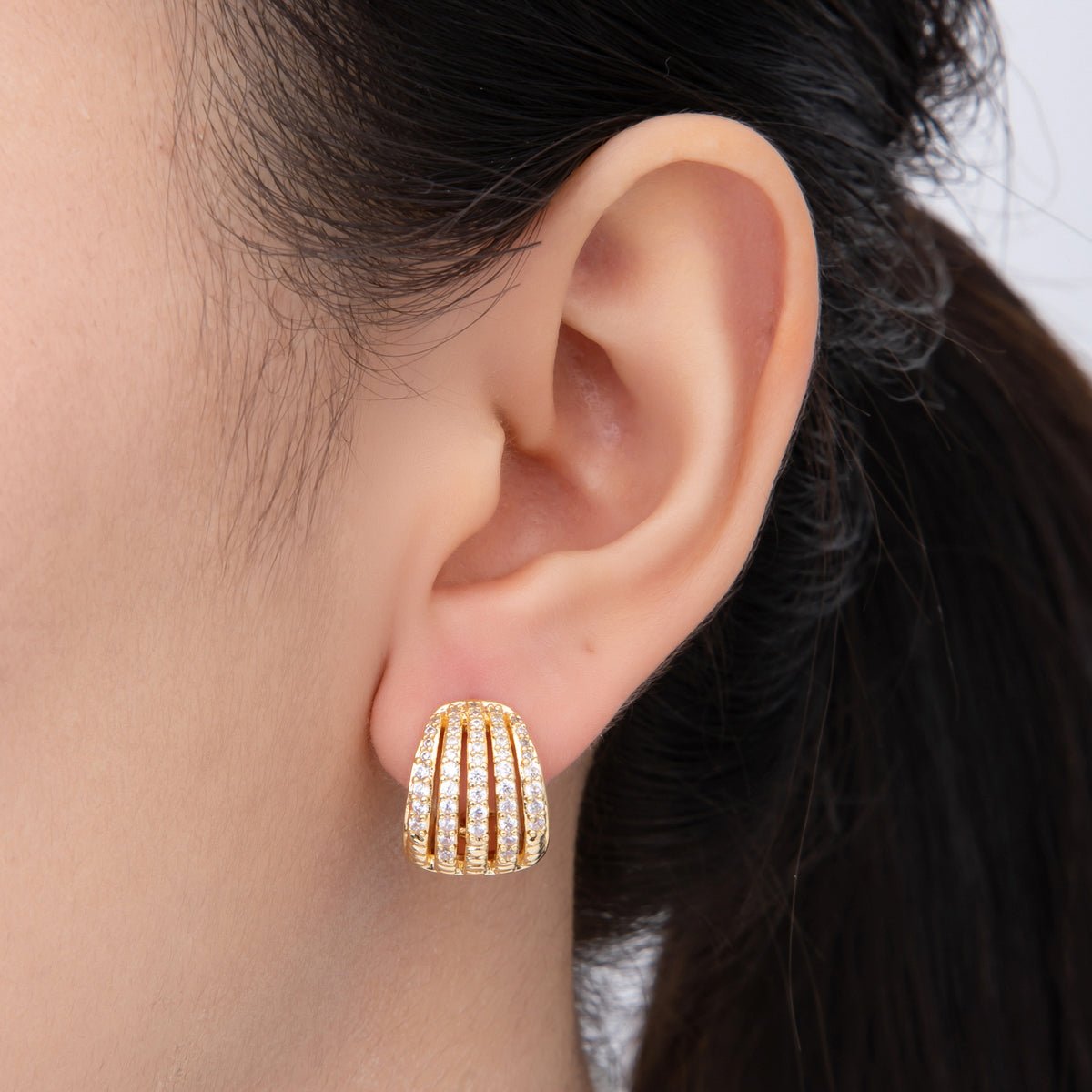 18K Gold Filled Micro Paved CZ Dome Dainty French Lock Hoops Earrings | AJ - 185 - DLUXCA