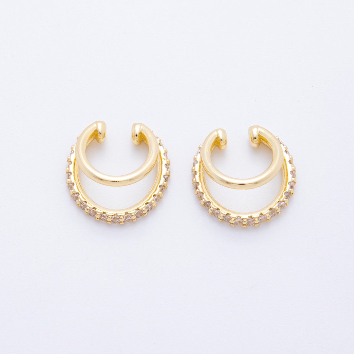 18K Gold Filled Micro Paved CZ Double Band Ear Cuff Earrings in Gold & Silver | AI - 262 - DLUXCA