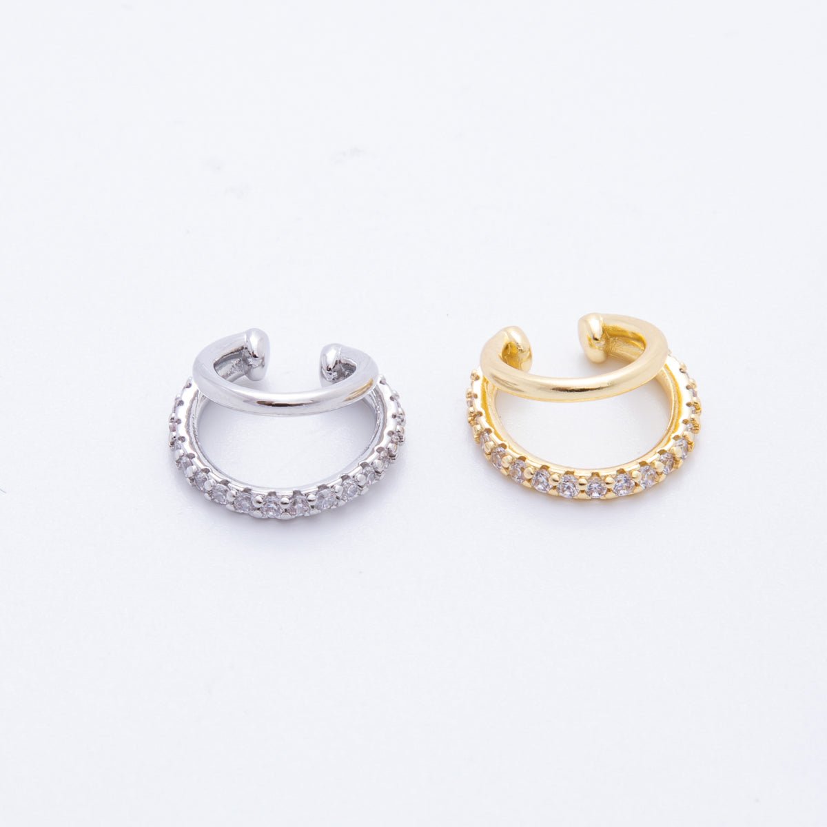 18K Gold Filled Micro Paved CZ Double Band Ear Cuff Earrings in Gold & Silver | AI - 262 - DLUXCA