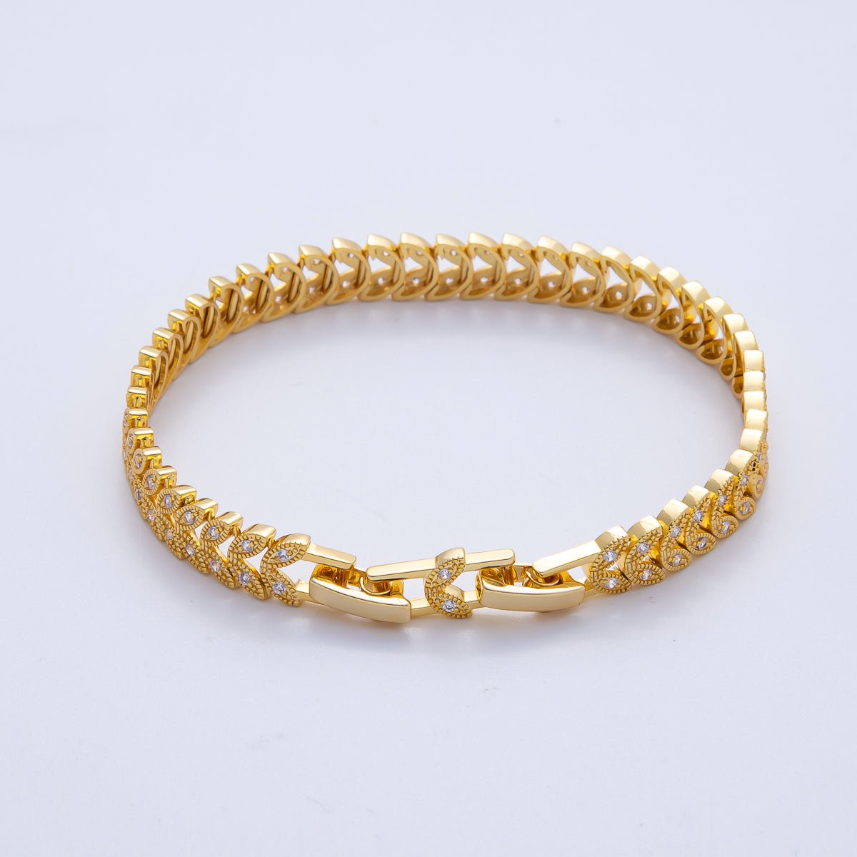18K Gold Filled Micro Paved CZ Feather Heart Adjustable 7 Inch Chain Bracelet | WA - 3888 - DLUXCA