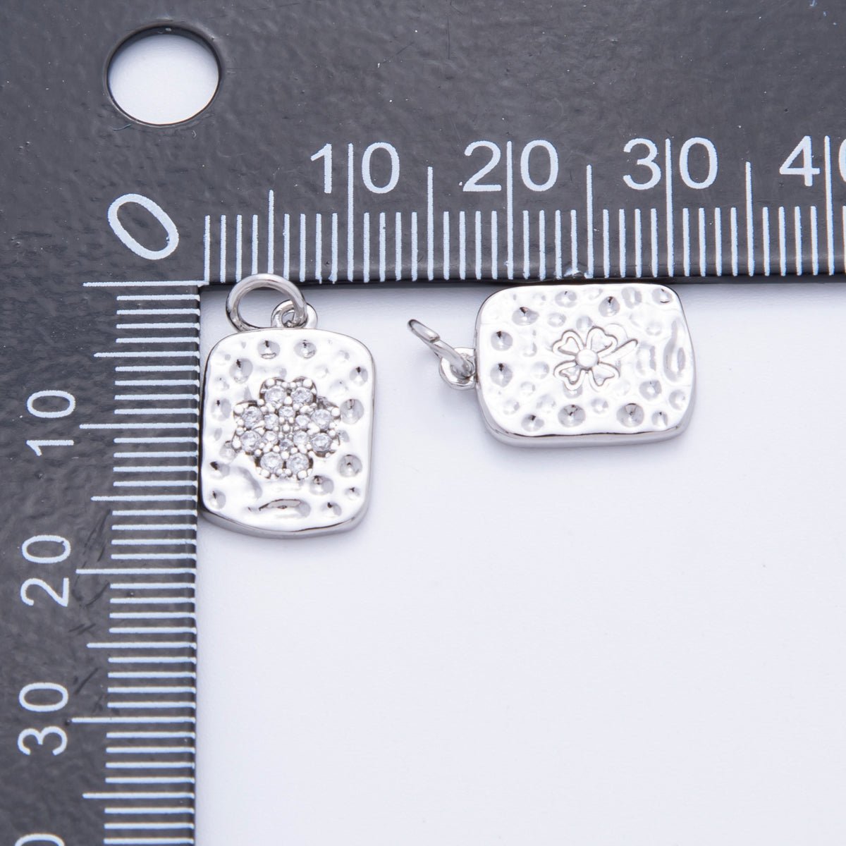 18K Gold Filled Micro Paved CZ Hammered Rectangular Tag Charm in Gold & Silver | E727 - DLUXCA
