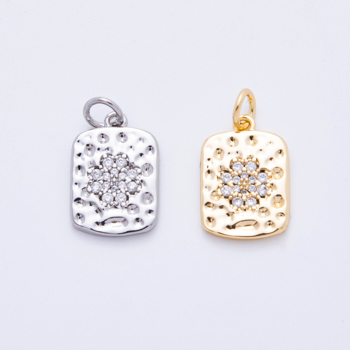 18K Gold Filled Micro Paved CZ Hammered Rectangular Tag Charm in Gold & Silver | E727 - DLUXCA