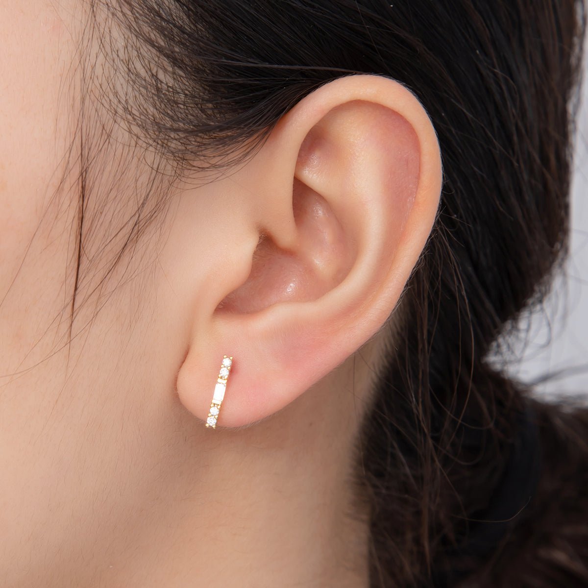 18K Gold Filled Micro Paved CZ Lined Center Accented Light Drop Stud Earrings | AI398 - DLUXCA