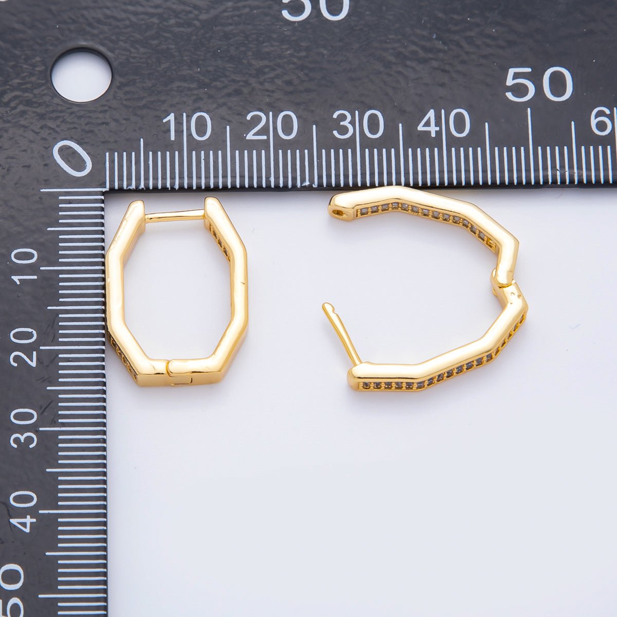 18K Gold Filled Micro Paved CZ Octagon Geometrical Lever Back Hoops Earrings | AJ220 - DLUXCA