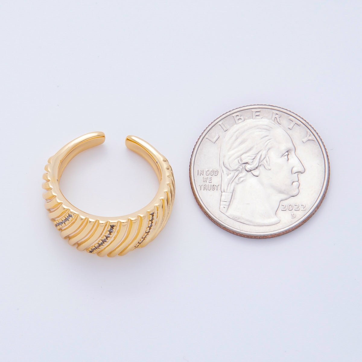 18K Gold Filled Micro Paved CZ Ribbed Line - Textured Wide Dome Ring | O485 - DLUXCA